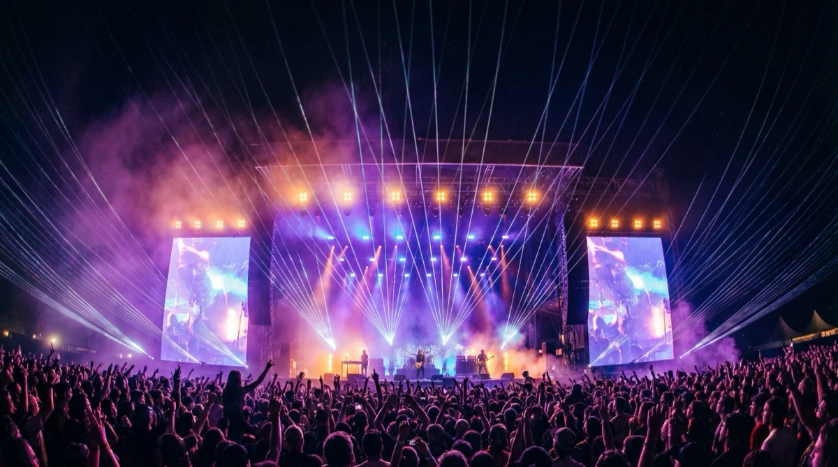 Concert crowd with hands raised